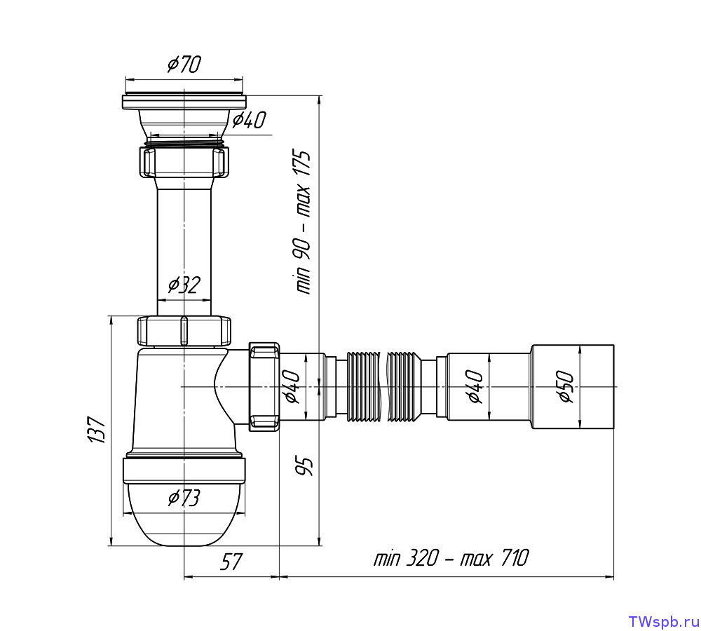 Сифон бутылочный для умывальника вып. 1 1/2*40 с удлинённой горловиной с мет.реш. в комплекте с гофр L320..710хd40/50 (Картинка 3)